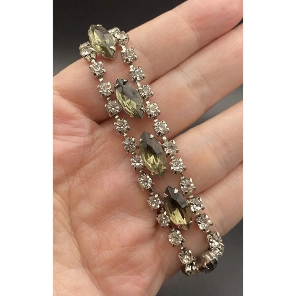 Rhinestone Bracelet Fancy All Prong Set Glass Stone Smokey Green Vintage Retro - Picture 8 of 9